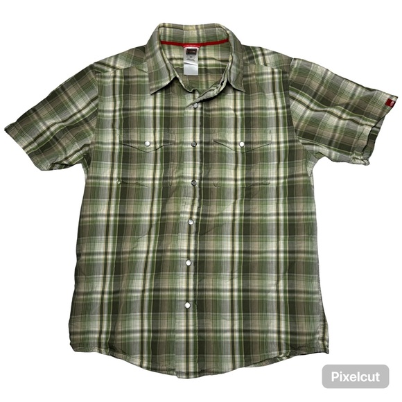 The North Face Shirt Mens Small Green Cotton Snap Buttons Plaid‎ Short Sleeve - Picture 1 of 7